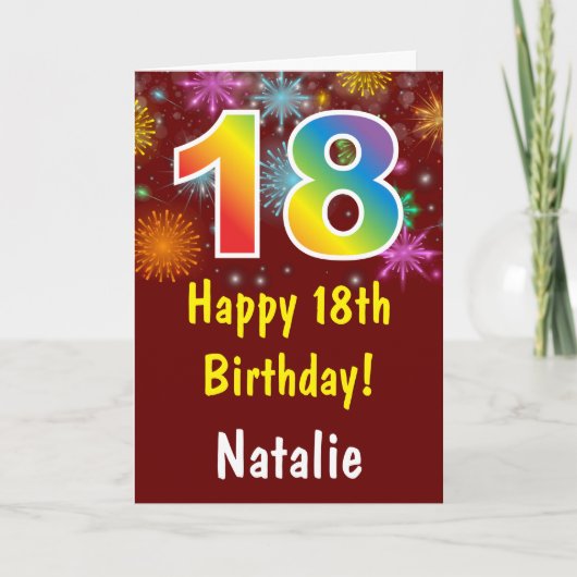 18歳の誕生日 カラフルな虹の花火 赤 カード (正面)