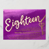 18歳の誕生日 スクリプト キー 18歳の誕生日 紫のバラ ゴールド 箔招待状 (正面)
