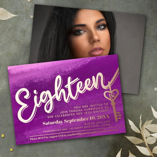 18歳の誕生日 スクリプト キー 18歳の誕生日 紫のバラ ゴールド 箔招待状