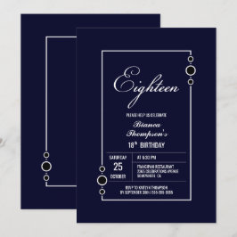 18歳の誕生日 ネイビーブルーとホワイトフレーム パーティー 招待状