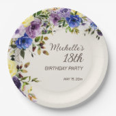 18歳の誕生日 パープル+イエロー+水彩の花 ペーパープレート (正面)