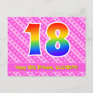 18歳の誕生日:ピンクのストライプとハート、虹色の18 ポストカード