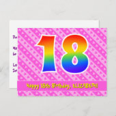 18歳の誕生日：ピンクのストライプとハート、虹色の18 ポストカード (正面/裏面)