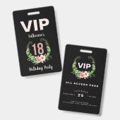 18歳の誕生日 ブラック フローラル VIP バッジ (正面&裏面)