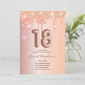 18歳の誕生日 ローズゴールド グリッター フォイル バルーン インビテ 招待状 (スタンド正面)