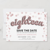 18歳の誕生日 保存日付 ローズゴールド グリッター 招待状 (正面)