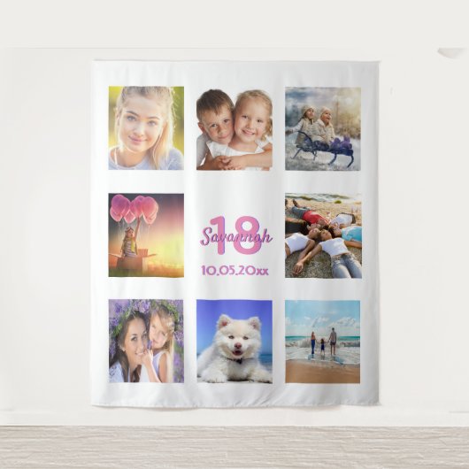 18歳の誕生日 白ピンクの写真コラージュ タペストリー (正面)