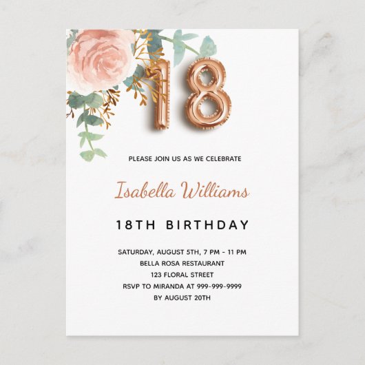 18歳フローラバラ金ゴールドユーカリ緑 インビテーションポストカード (正面)