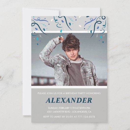 18歳招待状メンズ紙吹雪写真海軍 招待状 (正面)