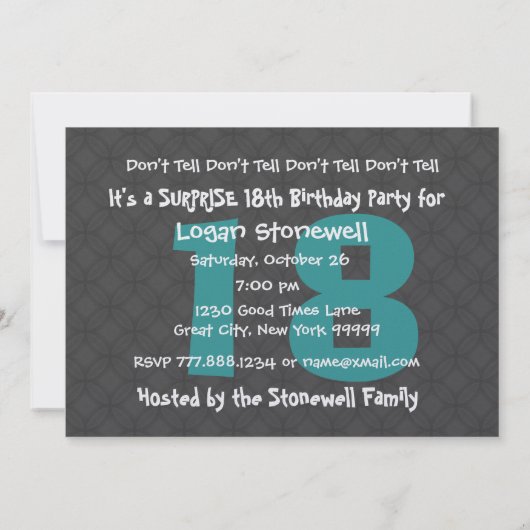 18番目のサプライズ誕生日モダンティール（緑がかった色）木炭W609 招待状 (裏面)