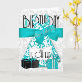 18番目の誕生日のために彼女のトレンディーきらきら光るターコイズドレス カード (黄色い花)