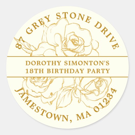 18番目の誕生日金ゴールドバラ差出人住所ラベル ラウンドシール (正面)