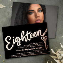 18番目の18誕生日鍵黒金ゴールド写真 箔招待状