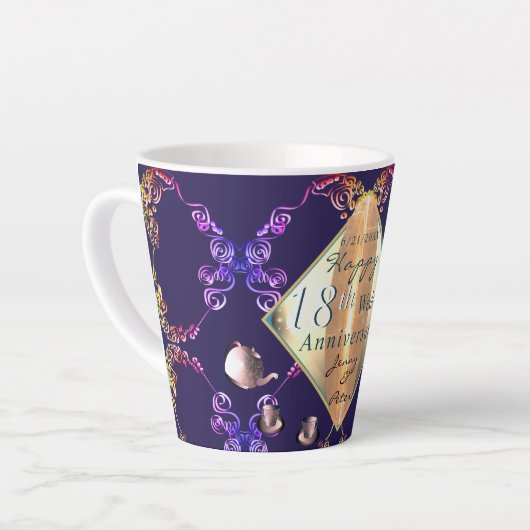 18結婚周年記念磁器猫の目とブルー カフェラテマグ (左アングル)