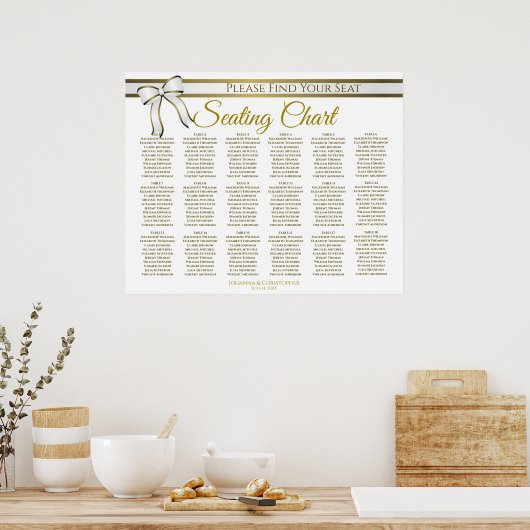 18表(白と金ゴールドのリボン結婚の座席表) ポスター (キッチン)