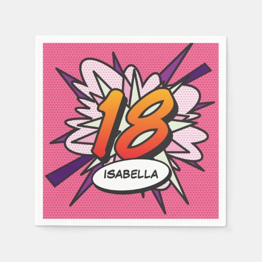 18誕生日おもしろいレトロ漫画ブックピンク スタンダードカクテルナプキン (正面)