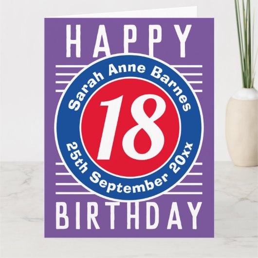 18誕生日の年齢、名前、日付 カード (正面)