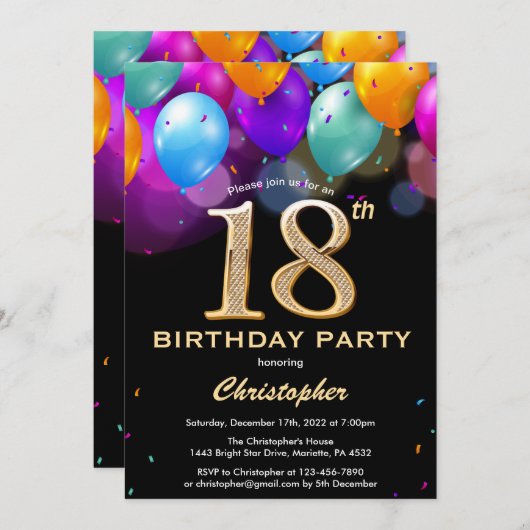 18誕生日の黒と金ゴールドカラフル風船 招待状 (正面/裏面)