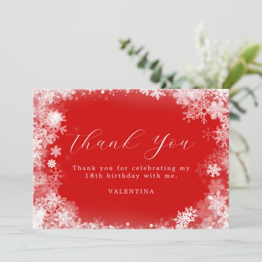 18誕生日ウィンターワンダーランドスノーフレークレッド サンキューカード (スタンド正面)