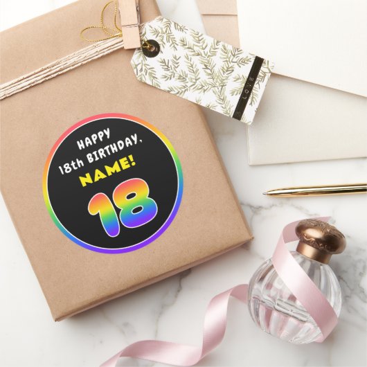 18誕生日カラフル：レインボー# 18,名前をカスタムする ラウンドシール (ギフト)