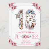 18誕生日ガールフォトコラージピンクフラワーホワイト 招待状 (正面/裏面)