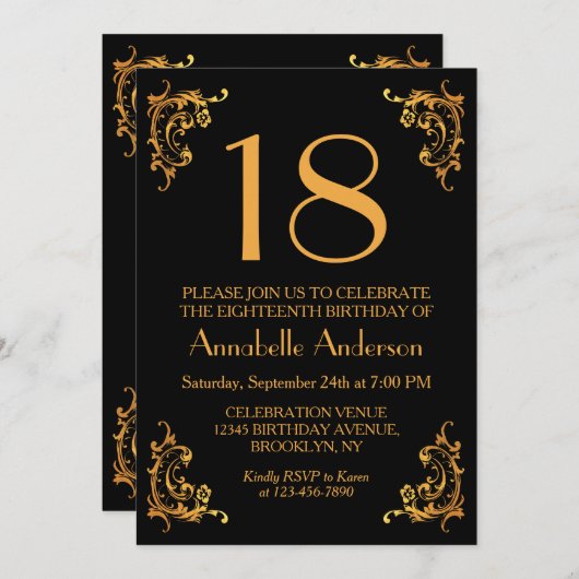 18誕生日グラムモダン金ゴールドブラックヴィンテージレトロ 招待状 (正面/裏面)