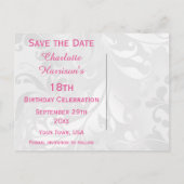 18誕生日ダマスクフェイクと弓の日付を保存 案内ポストカード (裏面)