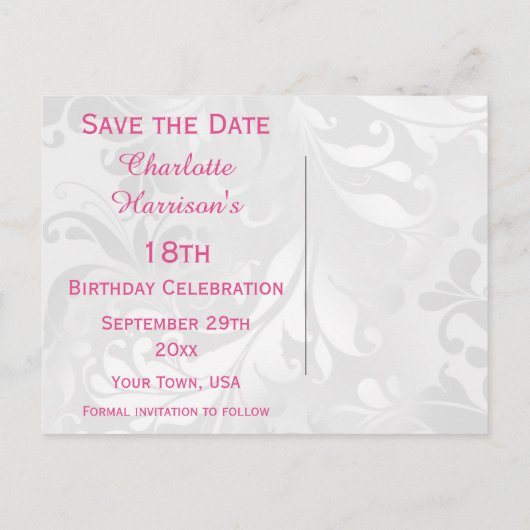 18誕生日ダマスクフェイクと弓の日付を保存 案内ポストカード (裏面)