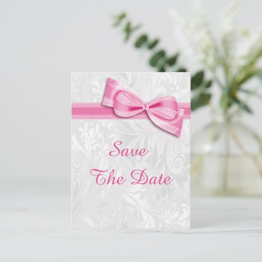 18誕生日ダマスクフェイクと弓の日付を保存 案内ポストカード (スタンド正面)