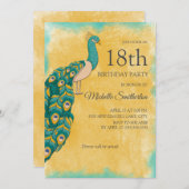 18誕生日ティール(緑がかった色)イエローウォーターカラーピーコック 招待状 (正面/裏面)
