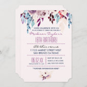 18誕生日パープル&ターコイズウォーターカラーフラワー 招待状 (正面/裏面)