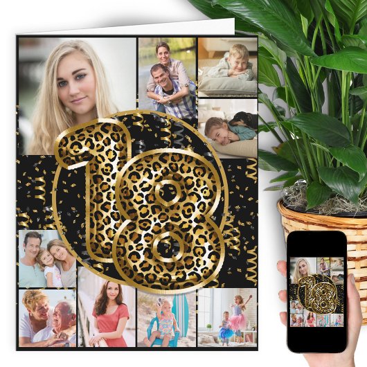 18誕生日ヒョウ印刷金ゴールドバルーン写真 カード