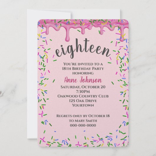 18誕生日ピンクアイシングと散水 招待状 (正面)