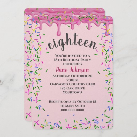 18誕生日ピンクアイシングと散水 招待状 (正面/裏面)