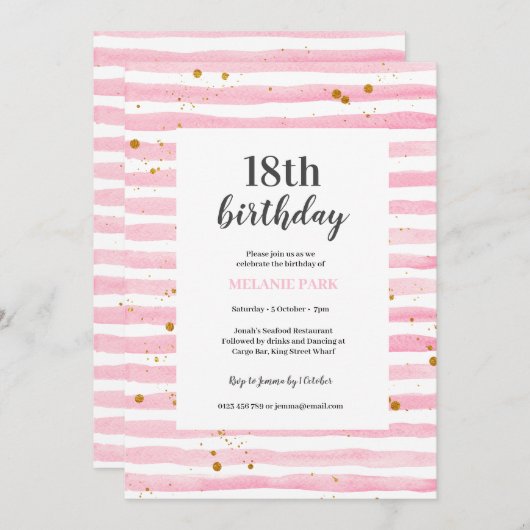 18誕生日ピンクストライプパーティの招待状 招待状 (正面/裏面)