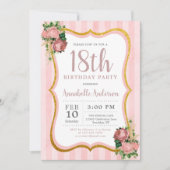18誕生日ピンクストライプフローラ金ゴールドグリッター 招待状 (正面)