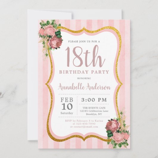 18誕生日ピンクストライプフローラ金ゴールドグリッター 招待状 (正面)