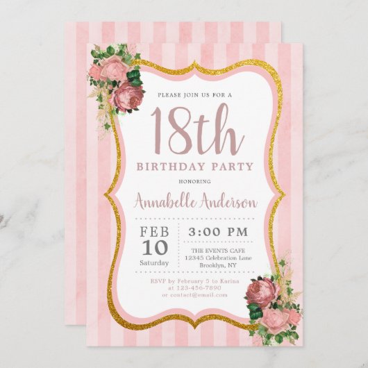 18誕生日ピンクストライプフローラ金ゴールドグリッター 招待状 (正面/裏面)
