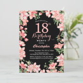 18誕生日ピンクフローラの花（黒） 招待状 (スタンド正面)