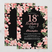 18誕生日ピンクフローラの花（黒） 招待状 (正面/裏面)