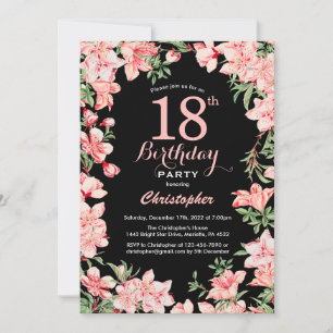 18誕生日ピンクフローラの花(黒) 招待状