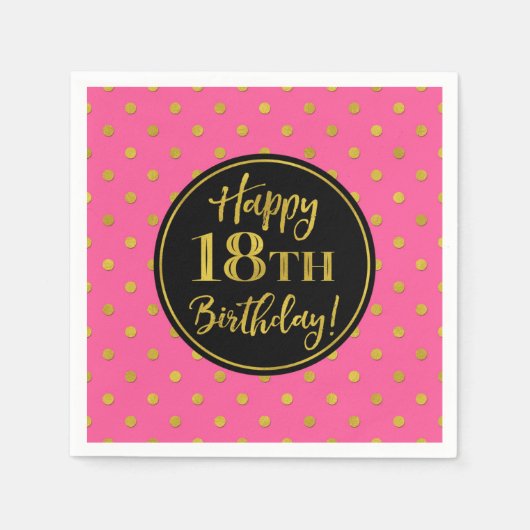 18誕生日ピンクブラック金ゴールドドット スタンダードカクテルナプキン (正面)