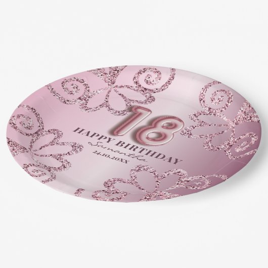 18誕生日ピンクプリンセスグリッターバルーンスクリプト ペーパープレート (アングル)