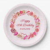 18誕生日ピンクローズ渦巻形のハート ペーパープレート (正面)