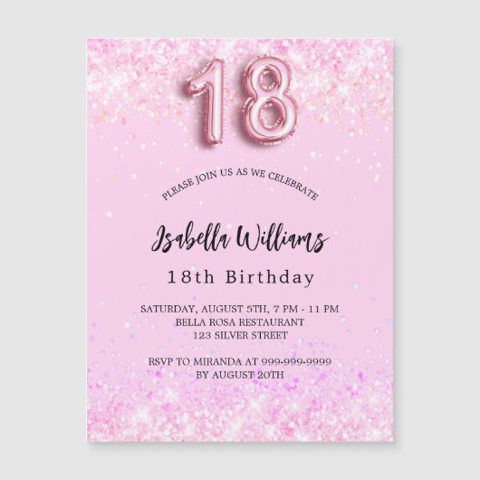 18誕生日ピンク紙吹雪ガールラグジュアリー マグネット招待状 (正面)