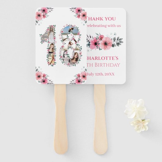 18誕生日フォトコラージピンクガールフラワーホワイト ハンドファン (正面&裏面)