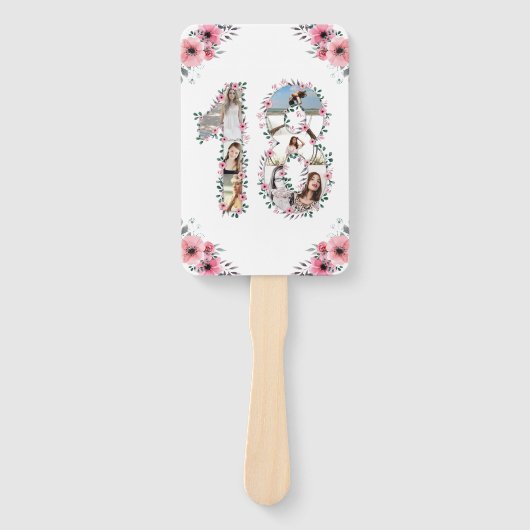 18誕生日フォトコラージピンクガールフラワーホワイト ハンドファン (正面)