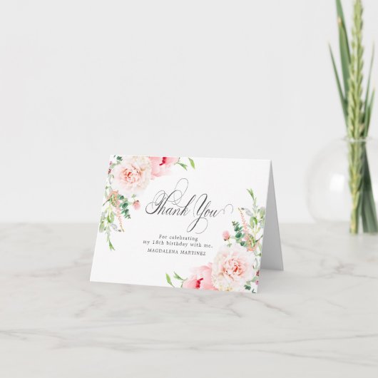 18誕生日フォト赤面ピンクフローラ折り感謝してい曲げ サンキューカード (正面)