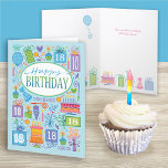 18誕生日ブライトパステルアイコンOn Blue Card カード<br><div class="desc">18誕生日の明フェミニンるいパステルの誕生日カードは、お祝いのためにすべてでいっぱいである。ケーキ、プレゼント、風船、花、パーティー帽子がピンク色の背景にカードを埋め、カードの内側に底を型枠す縁どる。</div>