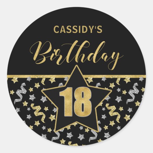 18誕生日ブラックと金ゴールド紙吹雪 ラウンドシール (正面)